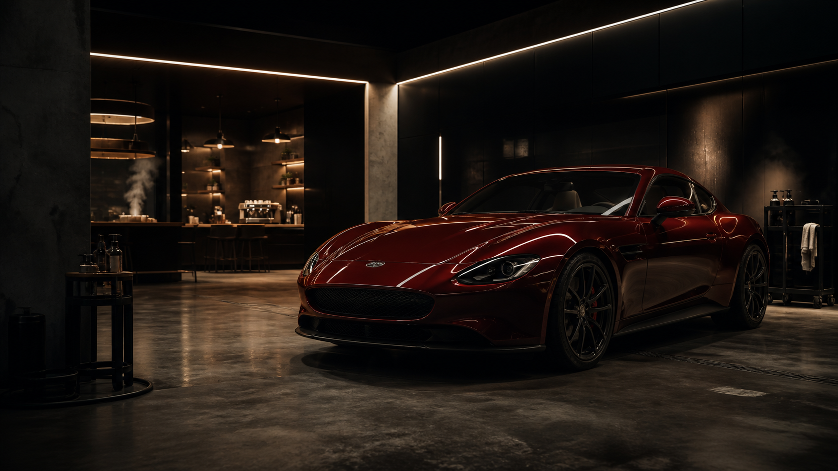 A deep red performance car inside a premium detailing studio with a specialty coffee bar
